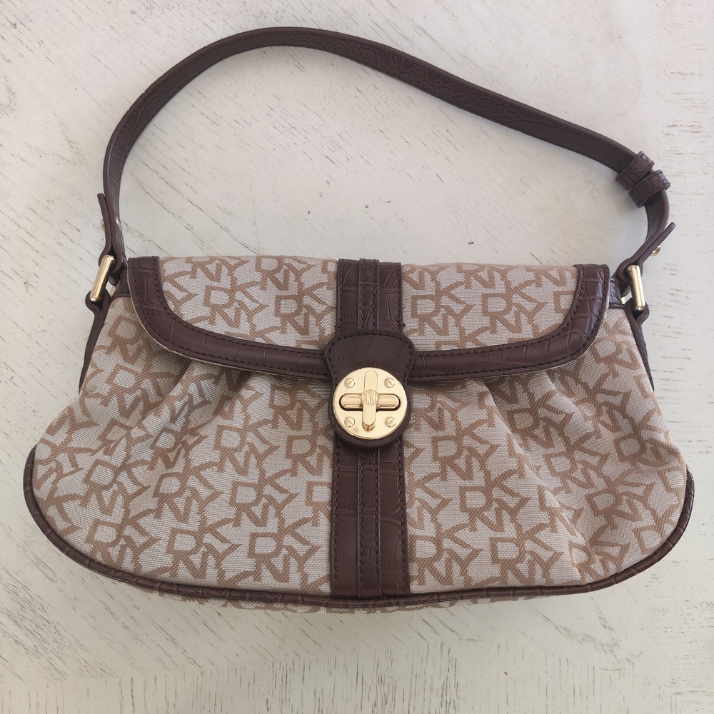 DKNY Tan Monogram Shoulder Bag with Brown Trim